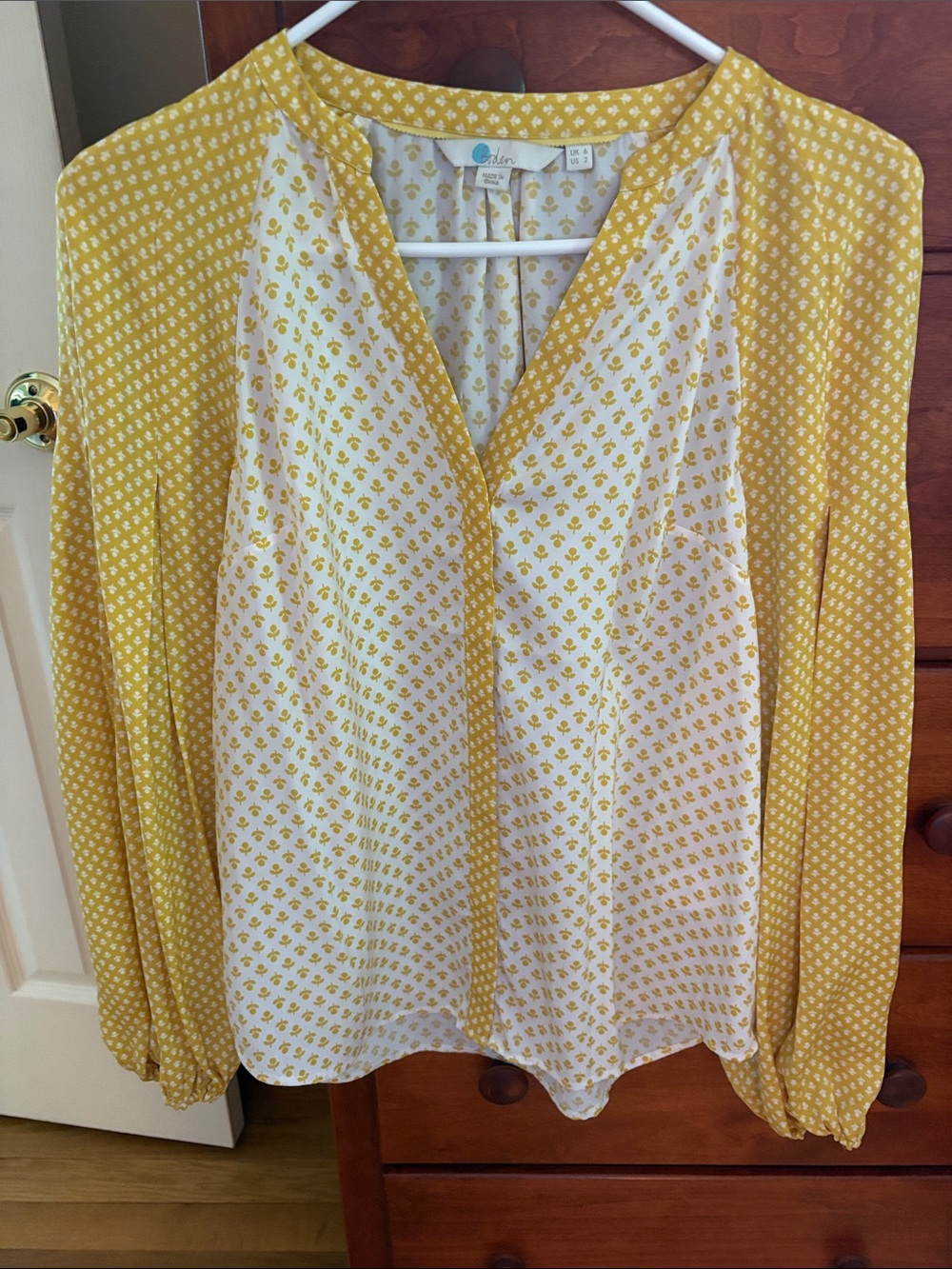 BODEN Yellow and White Printed V-Neck Long-Sleeve Blouse